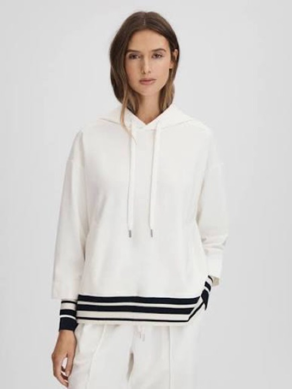 REISS sz L Cream Hooded Sweatshirt with Navy Stripe Trim